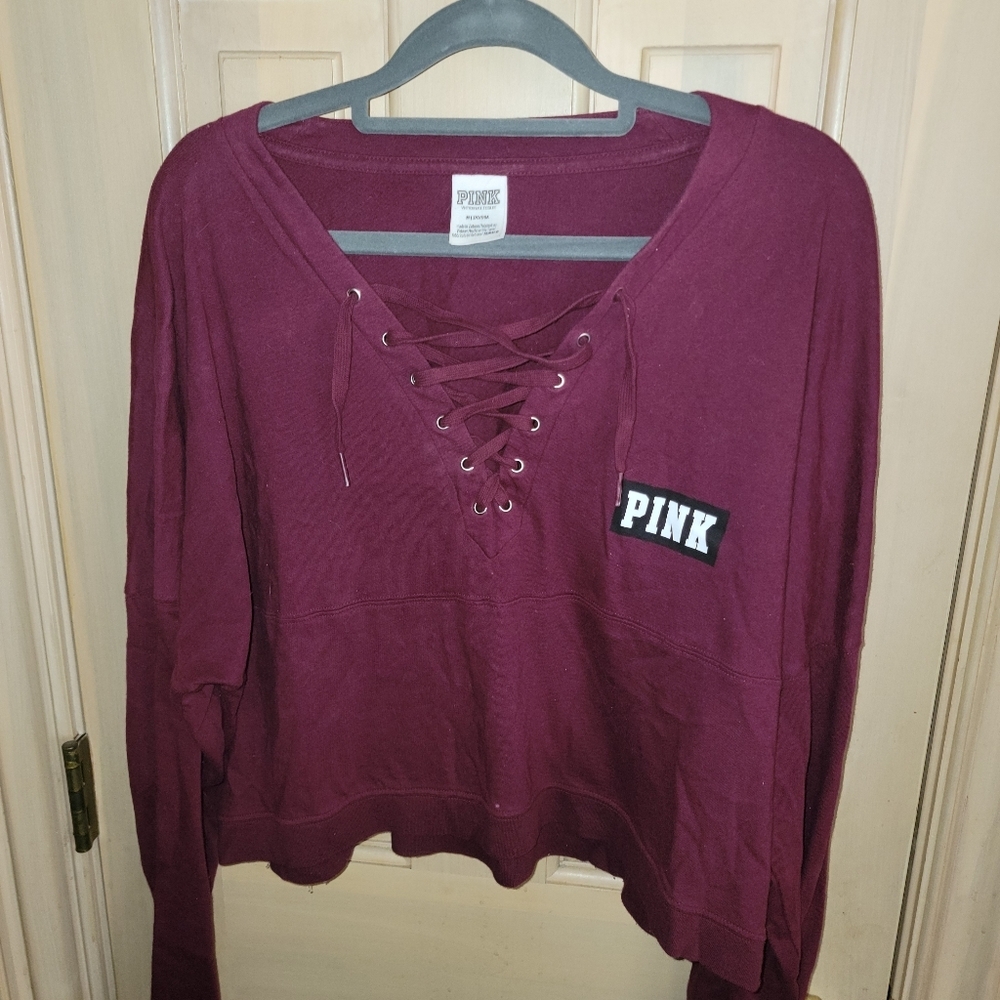 Misses sz M Pink Victoria Secret Crop Top Shirt Burgundy Lace Up